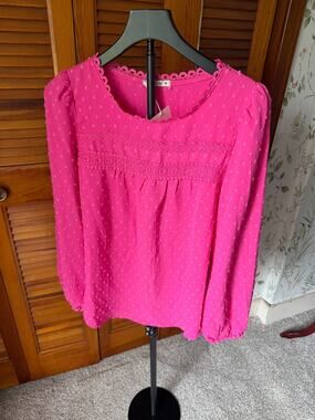 NWT UVN Hot Pink Long Sleeved Polka Dot Ruffled Blouse Size Medium